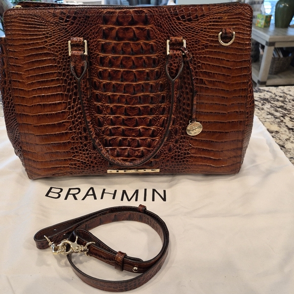 Brahmin Croc-Embossed Finley Satchel In Pecan